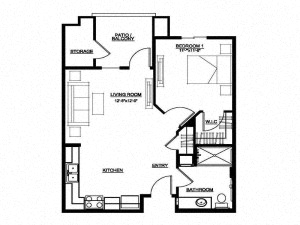 Floor plan for 1 bed, 1 bath, 702 sqft